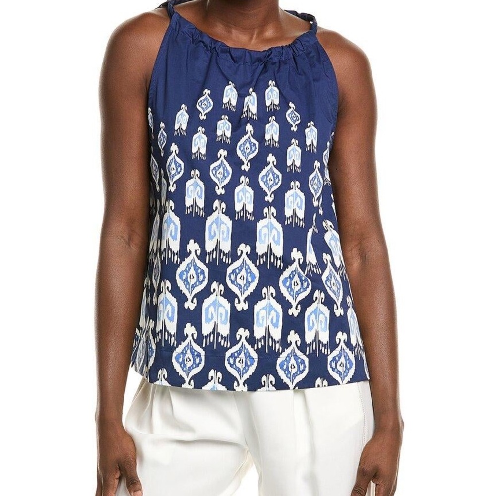J. McLaughlin Blue and White Smocked Sleeveless Tank Top
